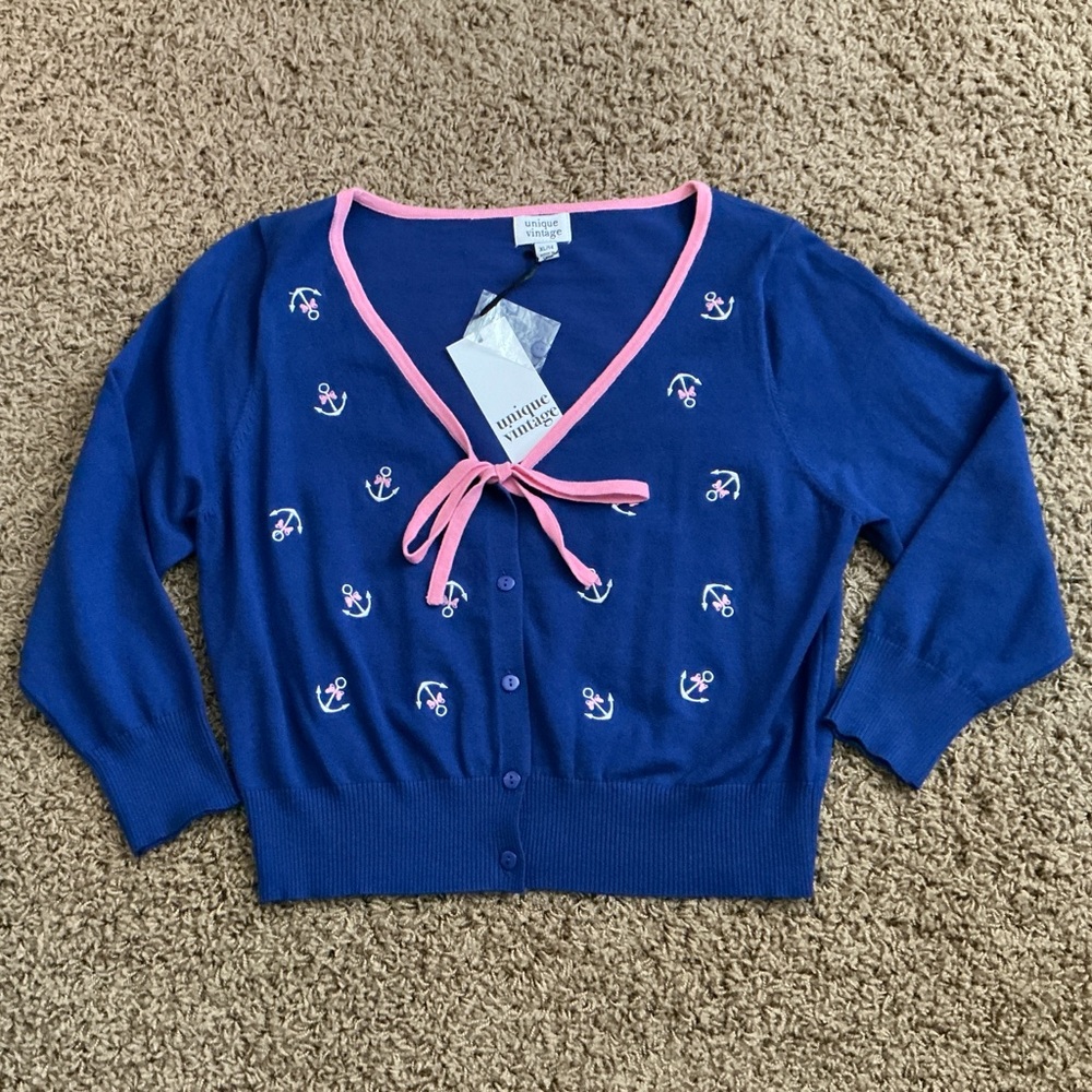 NWT~Blue & Pink Retro Cropped Cardigan Sweater; Bows, Anchors, Rockabilly Pin-Up